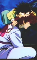 Myoujin Yahiko biting Sagara Sanousuke\'s head from Rurouni Kenshin (TV)
